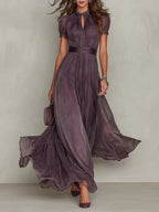Florbela | Robe longue en mousseline de soie violette à dentelle et décolleté goutte vintage