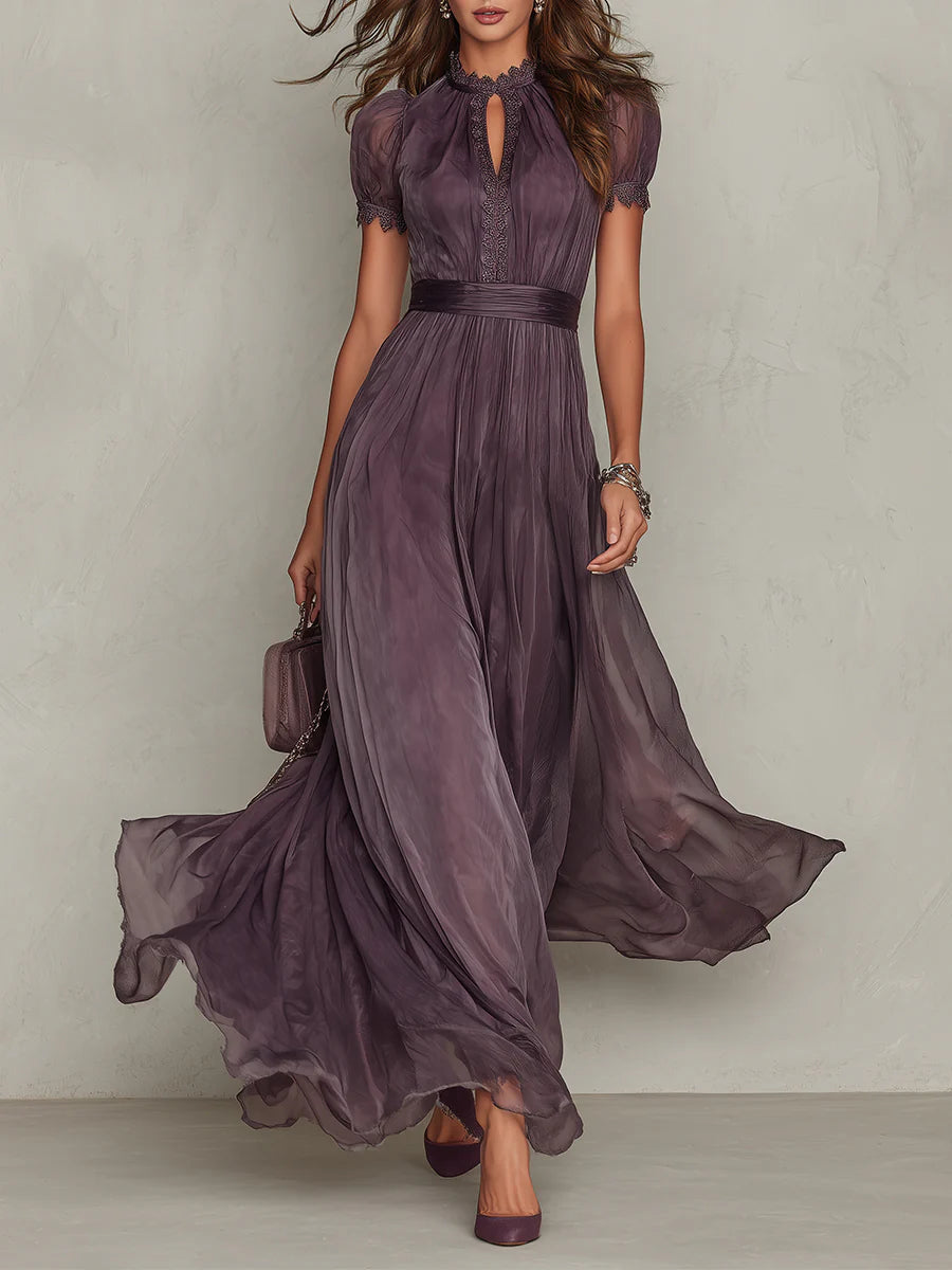 Florbela | Robe longue en mousseline de soie violette à dentelle et décolleté goutte vintage
