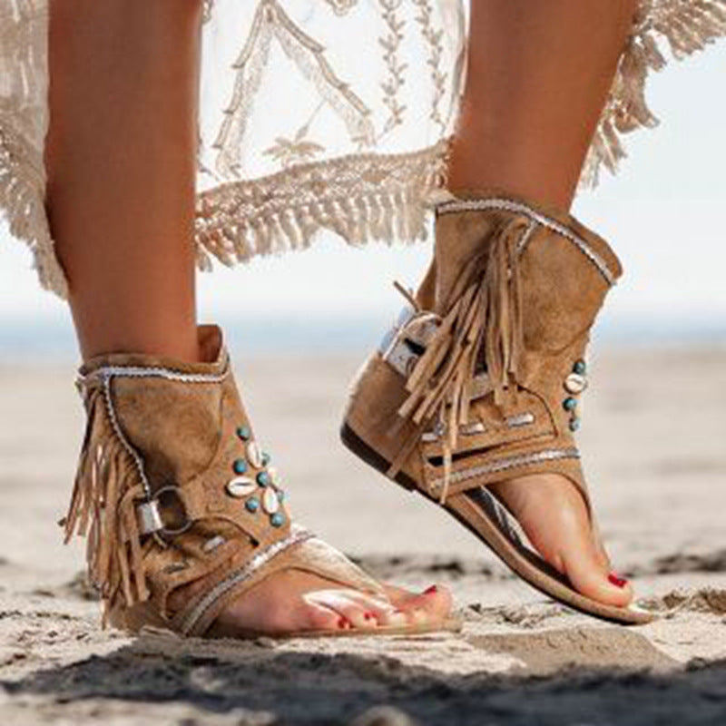 Sandalias de Playa Retro con Borlas Estilo Romano
