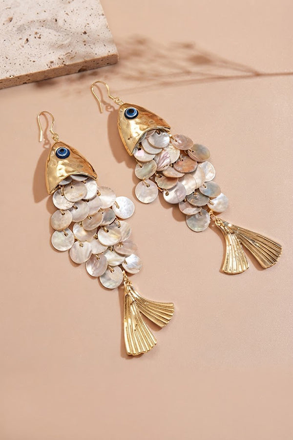 Pendientes de Gancho con Concha en Forma de Pez y Borlas