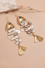 Pendientes de Gancho con Concha en Forma de Pez y Borlas