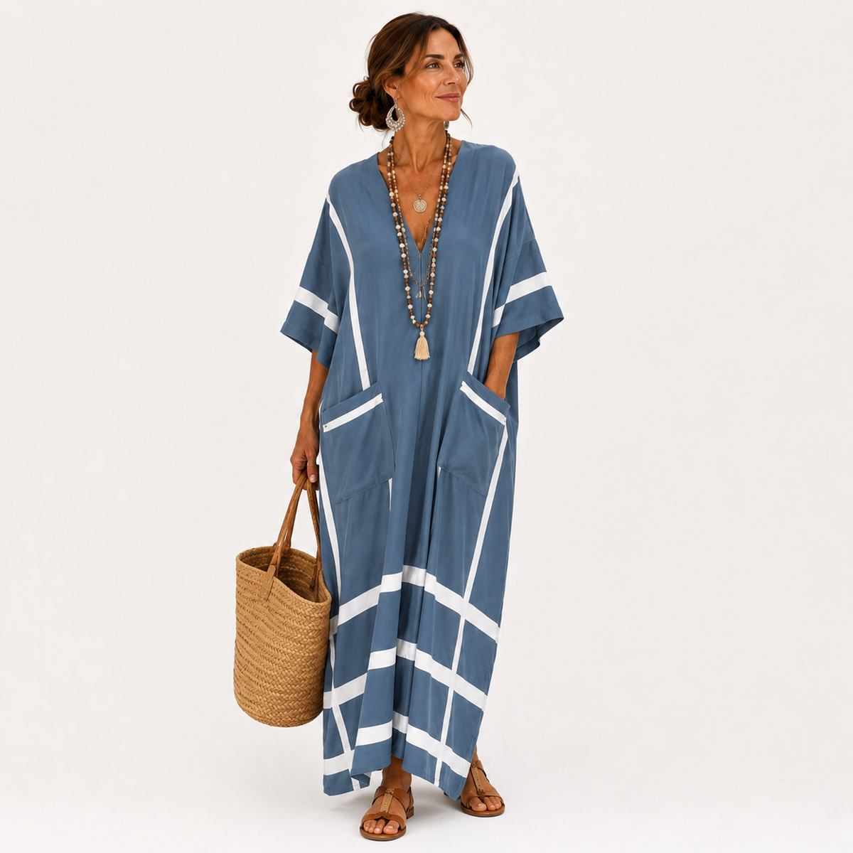 Caftán Leila Azul Rayas - OSMARA Fashion