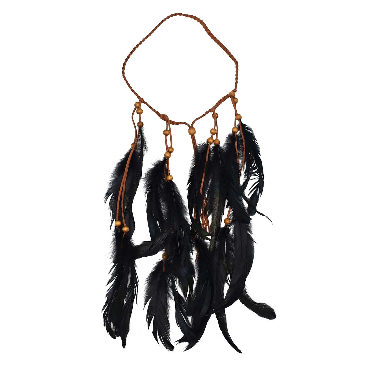 Diadema Bohemia de Cuerda Tejida a Mano con Cuentas de Madera y Plumas