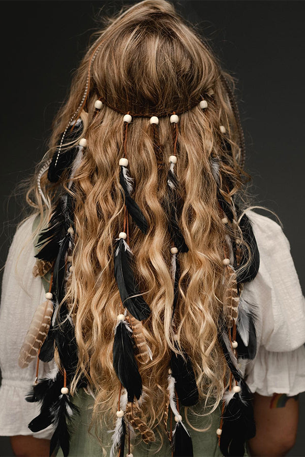 Diadema Bohemia de Cuerda Tejida a Mano con Cuentas de Madera y Plumas