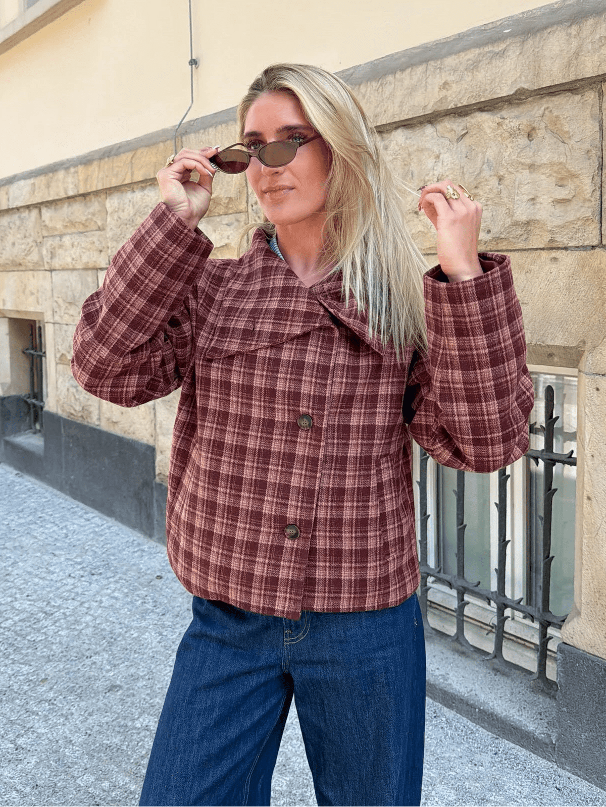 Abrigo Jane de paño con cuello mao y estampado de cuadros