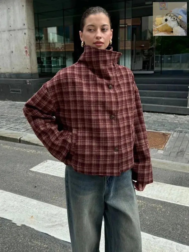 Abrigo Jane de paño con cuello mao y estampado de cuadros