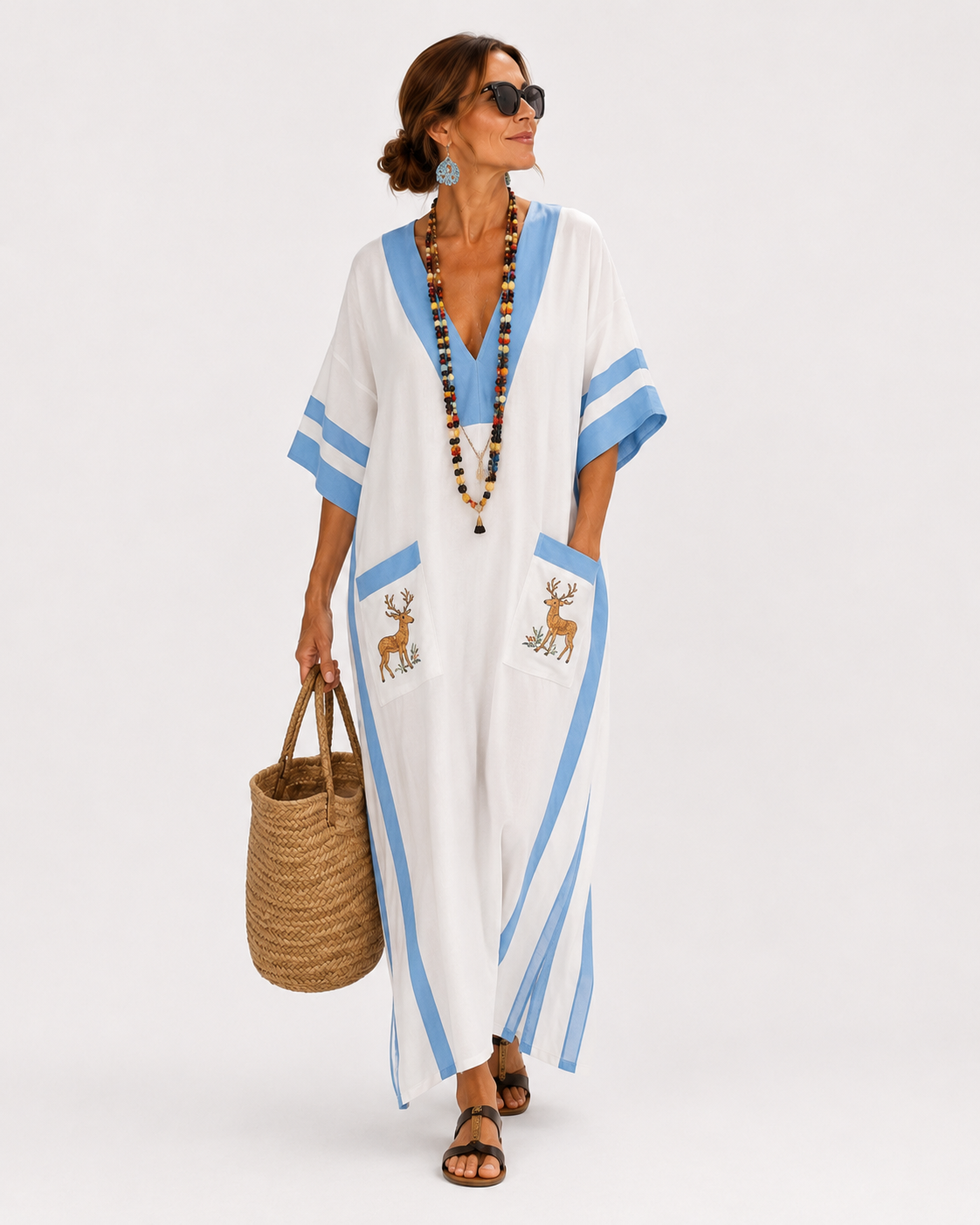 Caftán Alba Blanco Rayas Azules - OSMARA Fashion