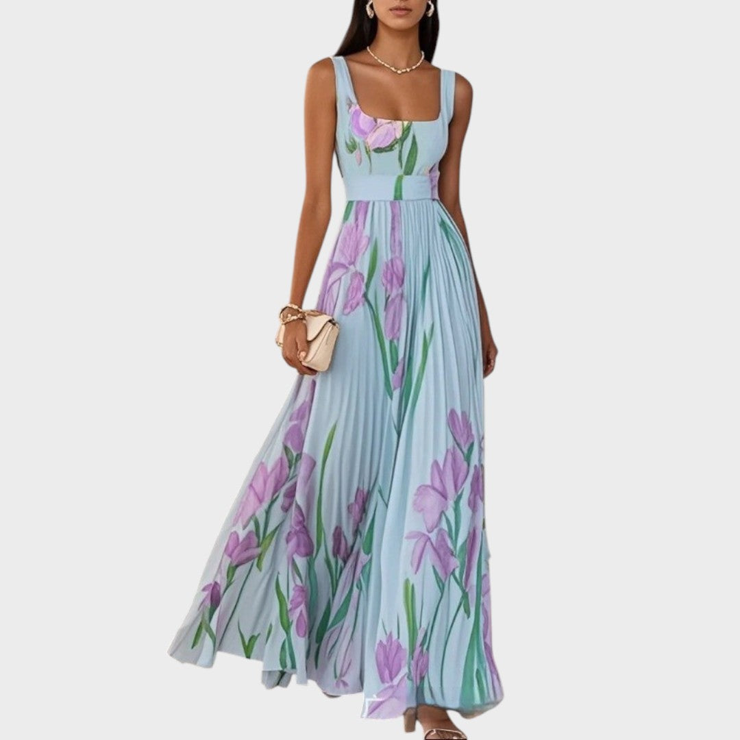 Luxe | Vestido largo plisado con escote cuadrado y flores de gasa - OSMARA Fashion - vista 4