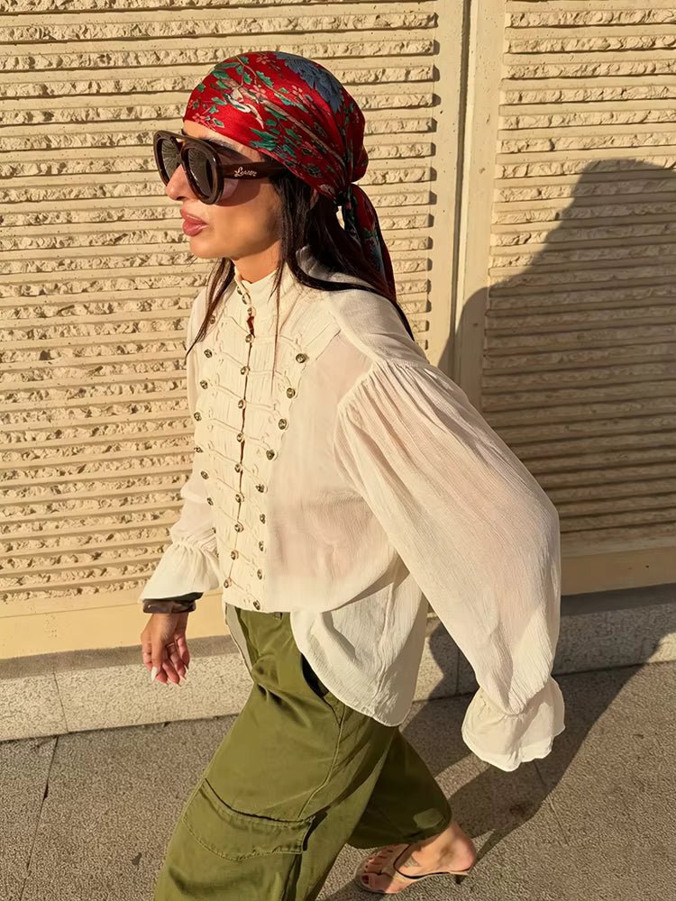 Amelie Blusa Vintage de Gasa con Cuello Alto