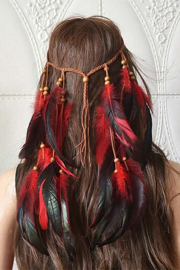 Diadema Bohemia de Cuerda Tejida a Mano con Cuentas de Madera y Plumas
