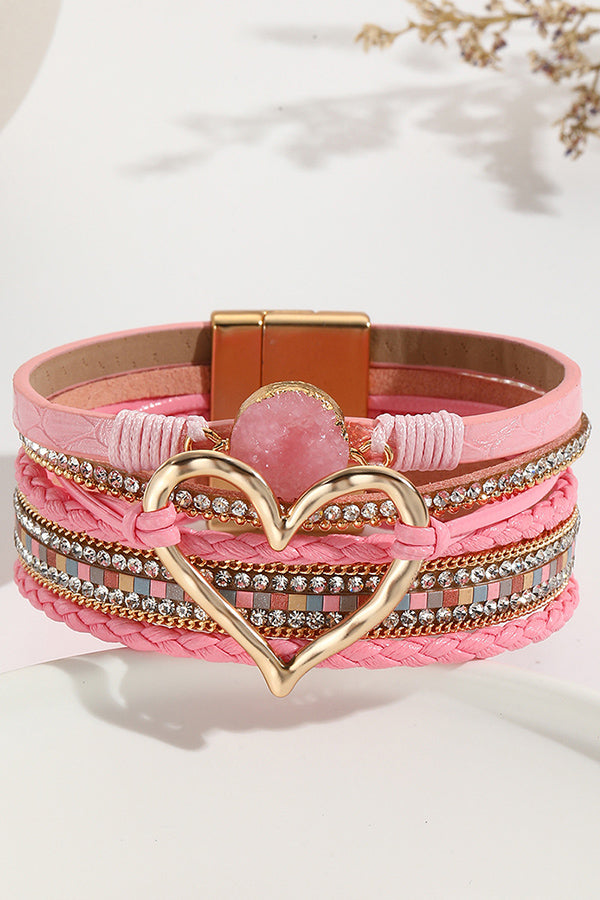 Pulsera Bohemia de Cordón de Piel con Piedra Bruta en Forma de Corazón