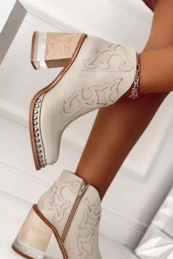 Botines de Tacón con Remaches Bordados y Cristal Acrílico