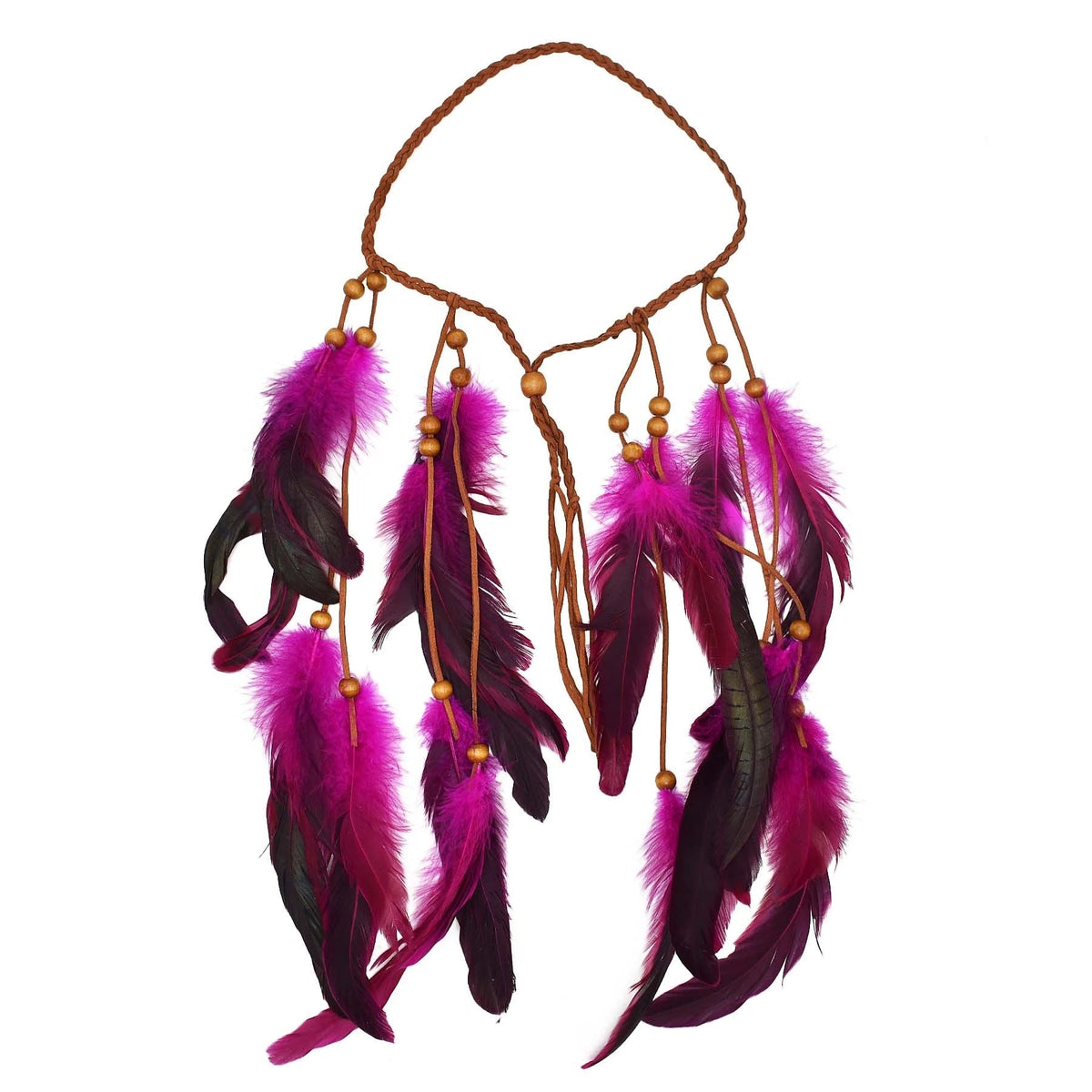 Diadema Bohemia de Cuerda Tejida a Mano con Cuentas de Madera y Plumas