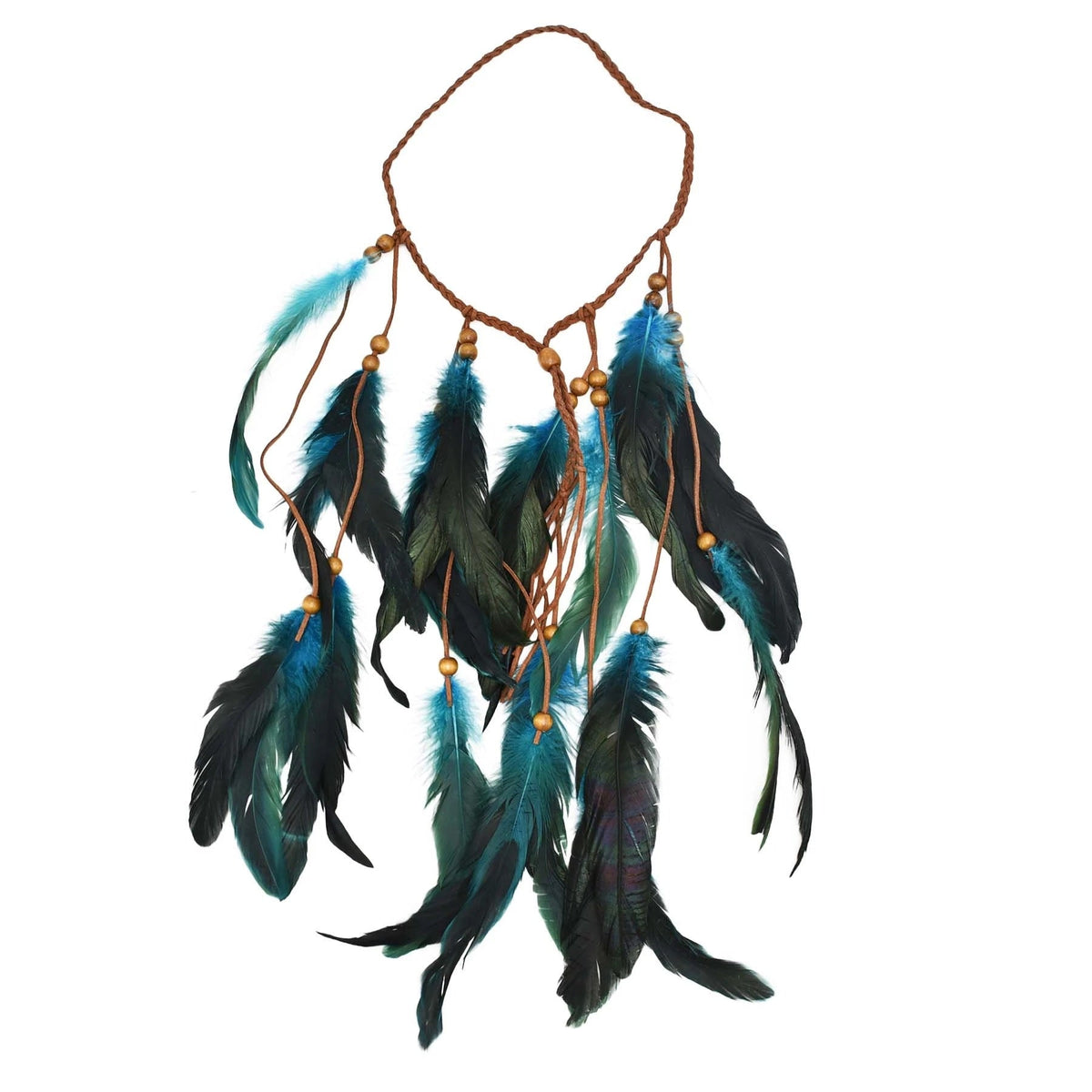 Diadema Bohemia de Cuerda Tejida a Mano con Cuentas de Madera y Plumas