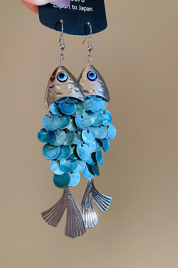 Pendientes de Gancho con Concha en Forma de Pez y Borlas