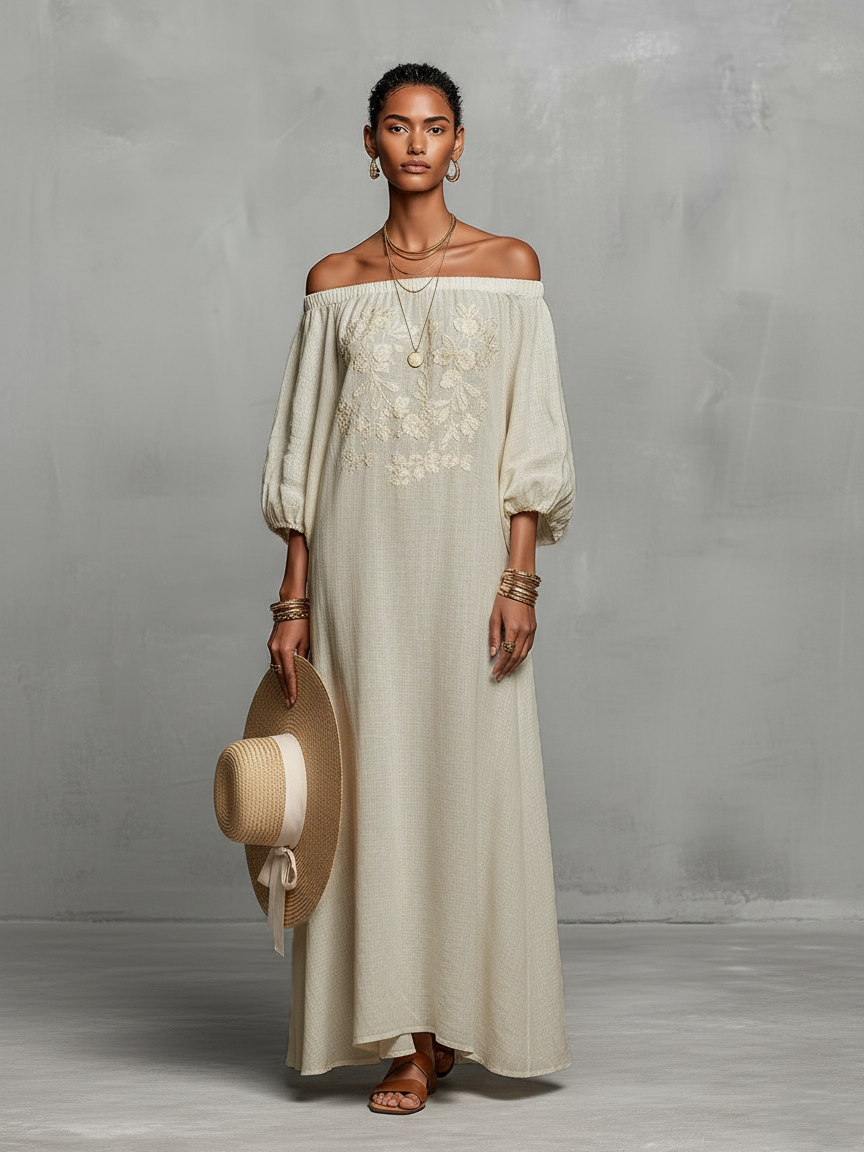 Constanza | Off-the-Shoulder Maxi Dress with Delicate Embroidery