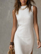 VALERIA - Vestido Midi de Algodón y Lino con Cuello Alto y Abertura Lateral - OSMARA Fashion - vista 6