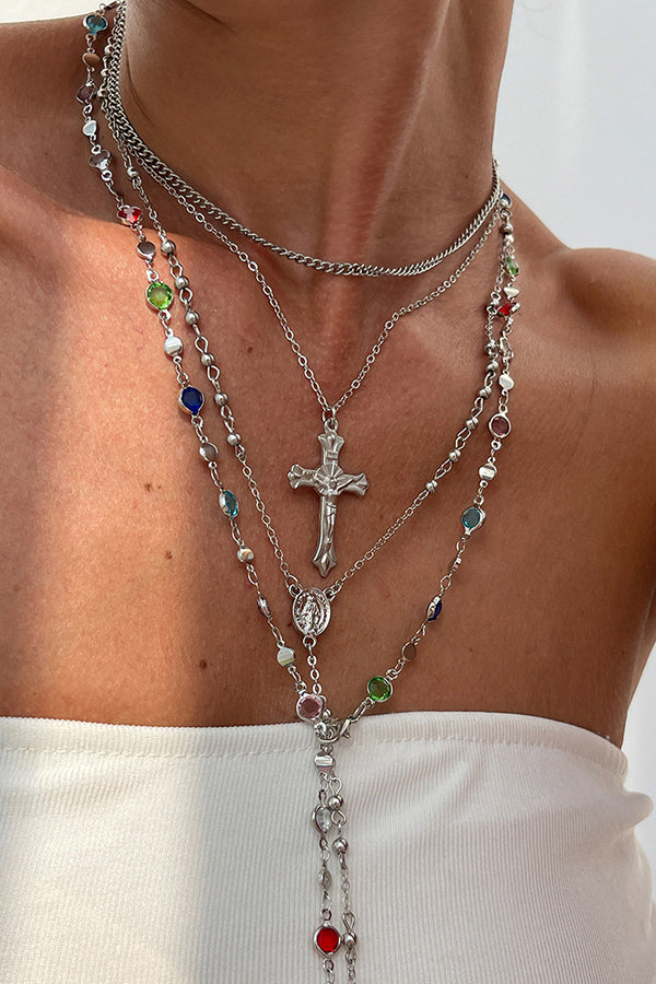 Collar de Varias Capas con Cadena de Cruz y Diamantes