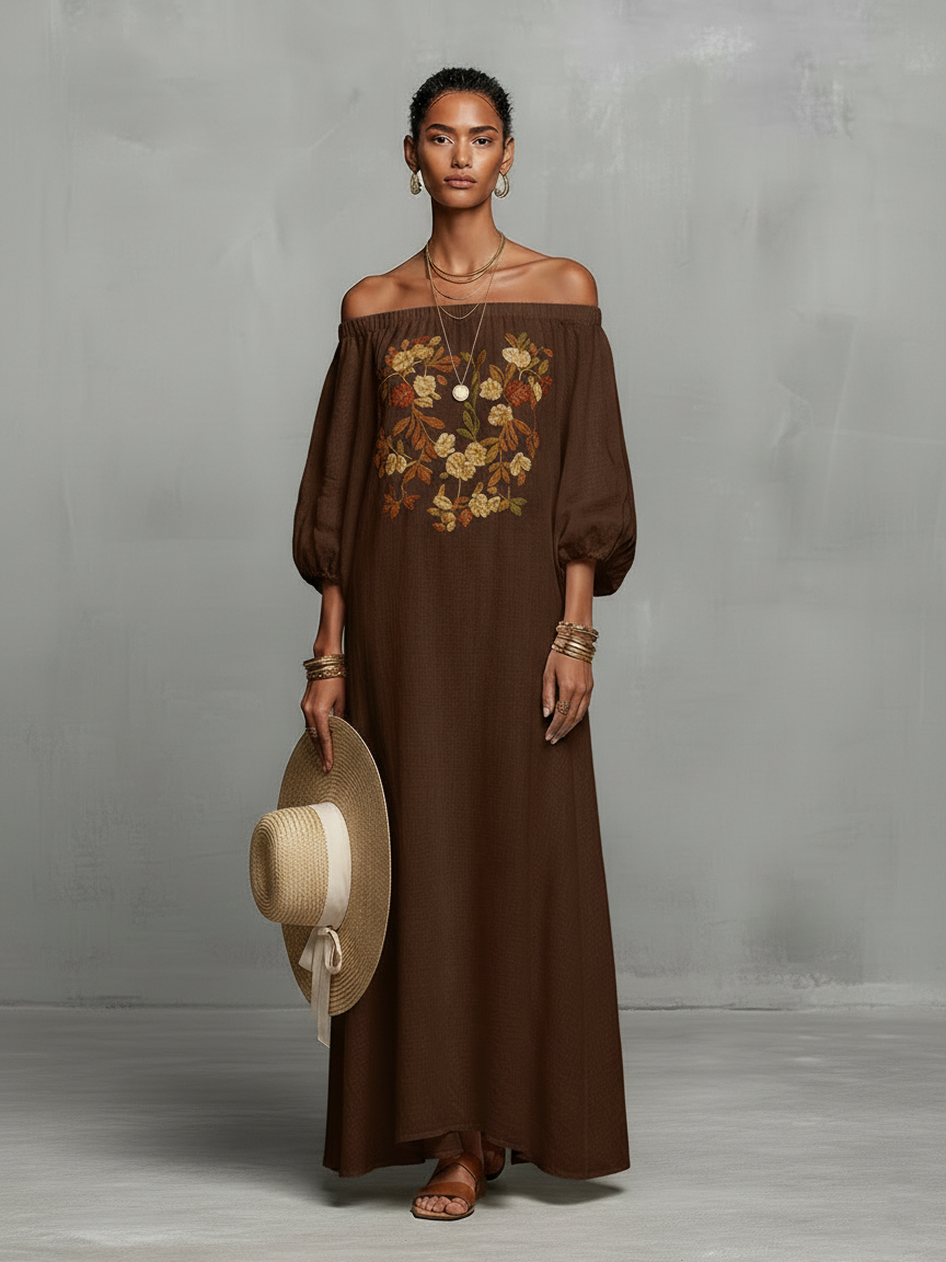 Constanza | Robe longue à épaules dénudées et broderies délicates