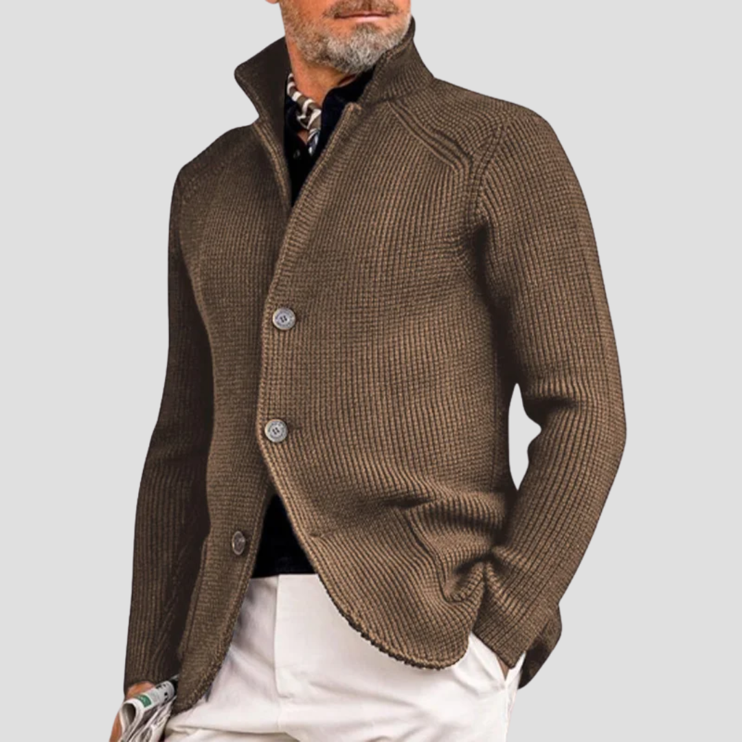 Cárdigan de Punto Acanalado – Cuello Alto y Estilo Elegante