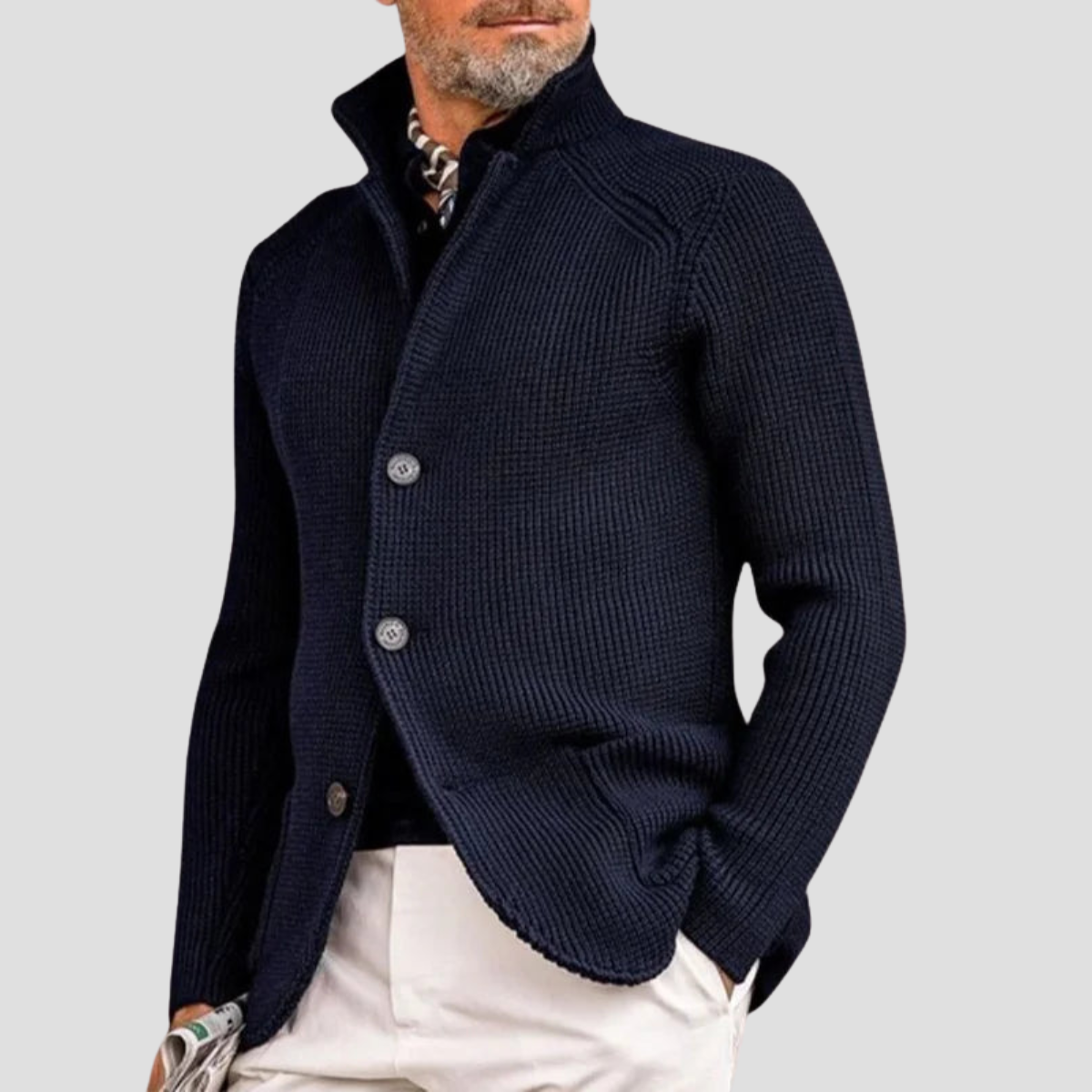 Cárdigan de Punto Acanalado – Cuello Alto y Estilo Elegante