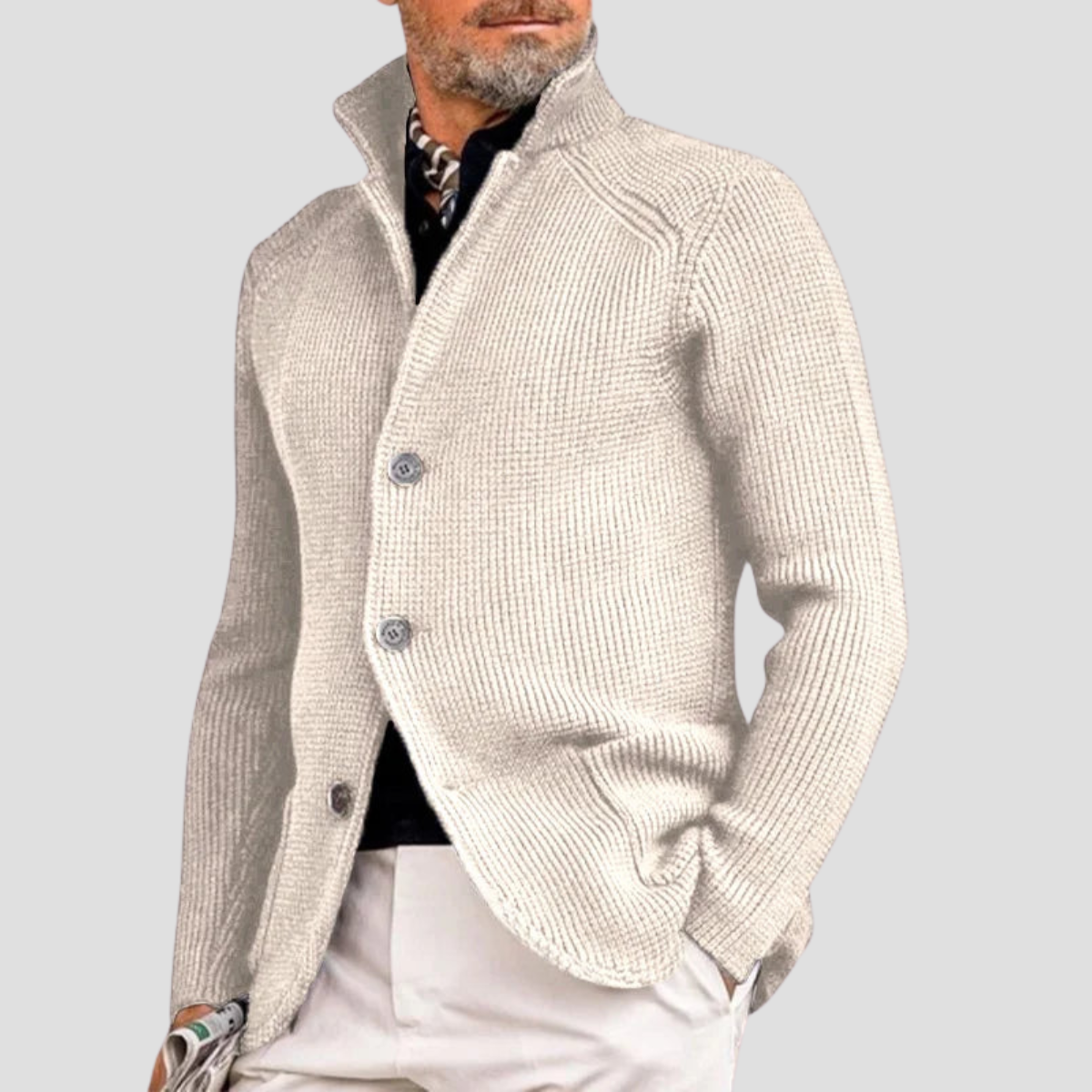 Cárdigan de Punto Acanalado – Cuello Alto y Estilo Elegante