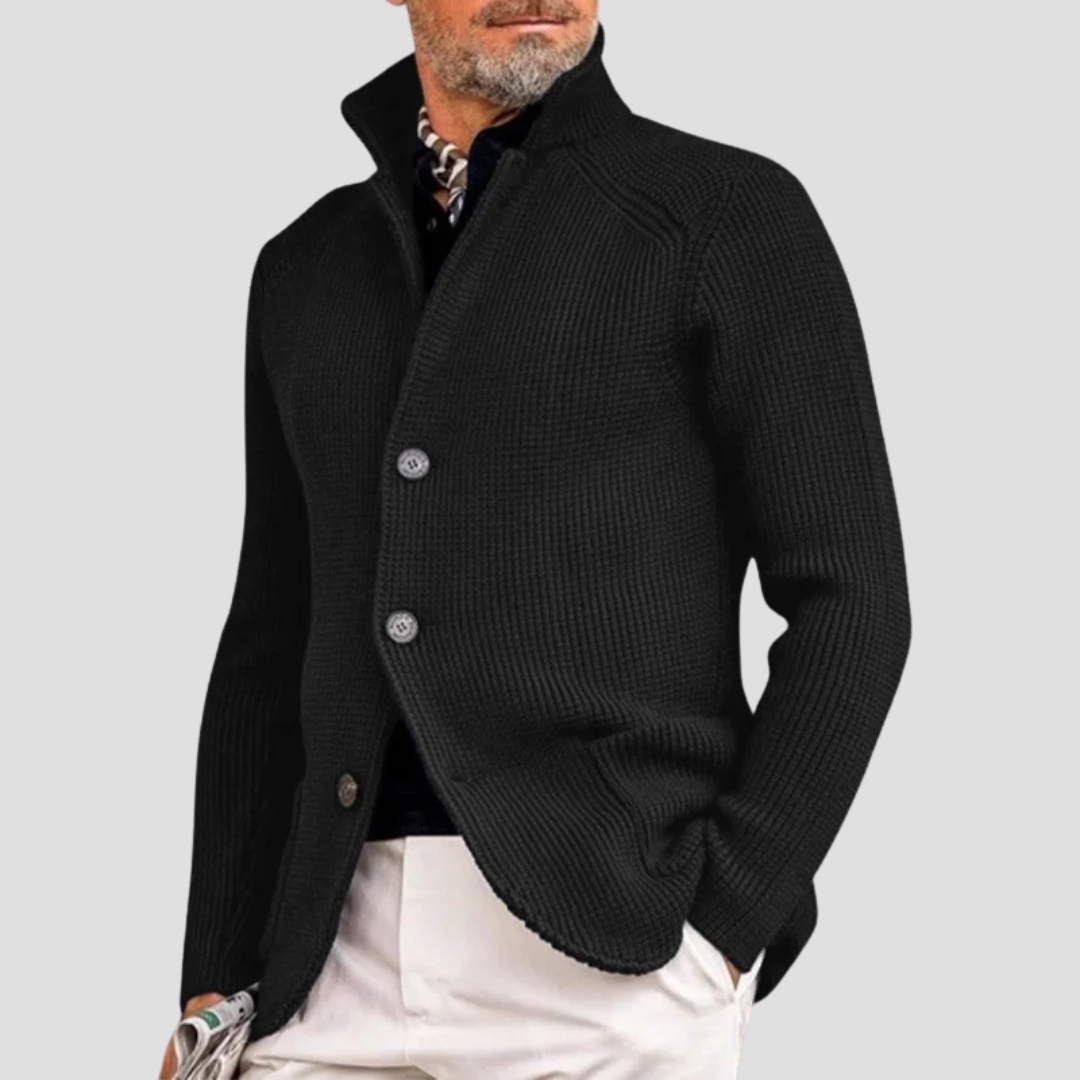 Cárdigan de Punto Acanalado – Cuello Alto y Estilo Elegante