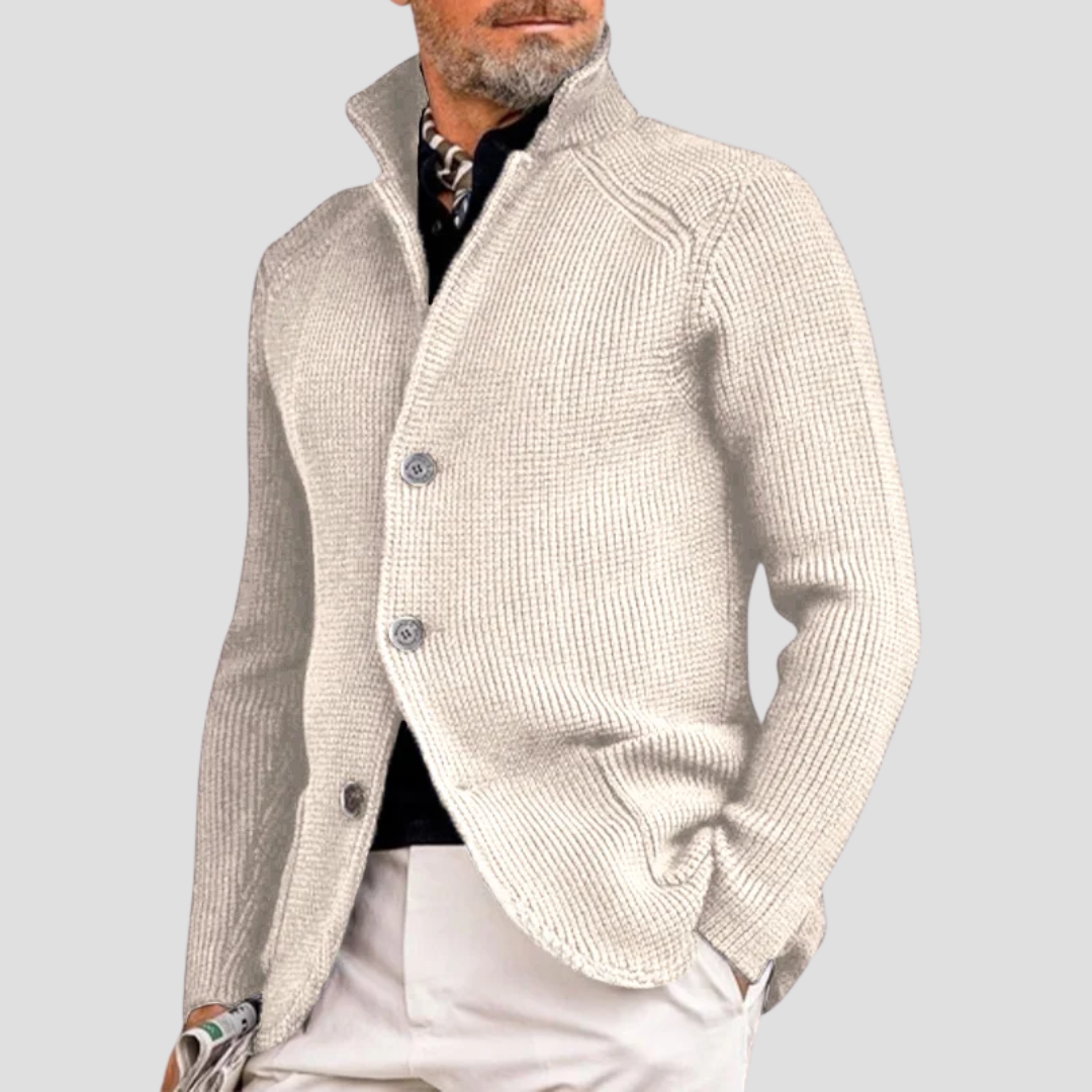 Cárdigan de Punto Acanalado – Cuello Alto y Estilo Elegante