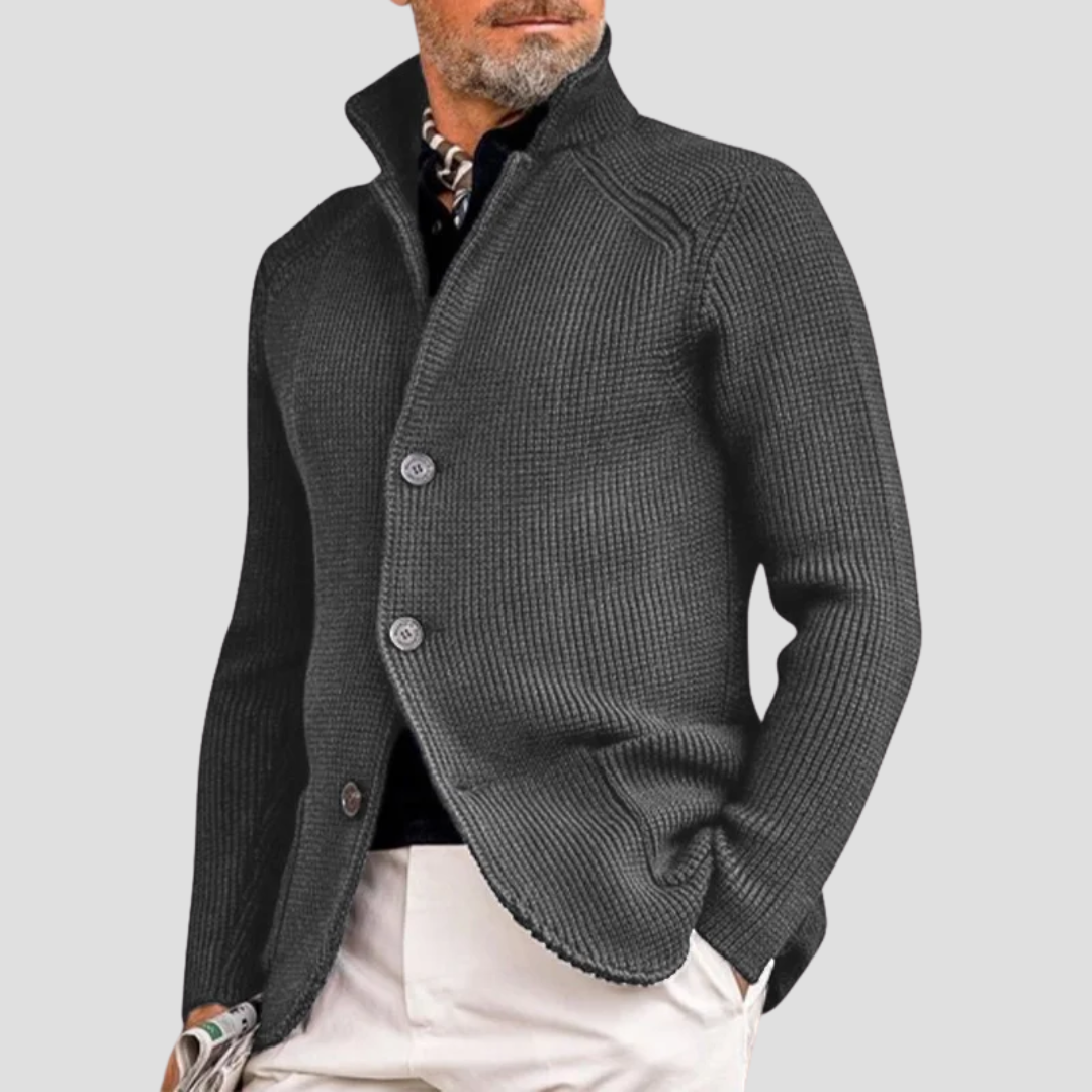 Cárdigan de Punto Acanalado – Cuello Alto y Estilo Elegante