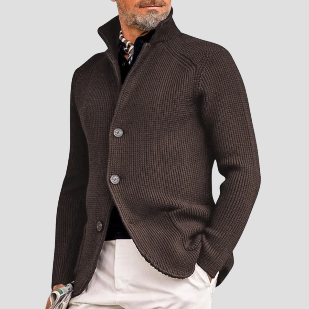 Cárdigan de Punto Acanalado – Cuello Alto y Estilo Elegante