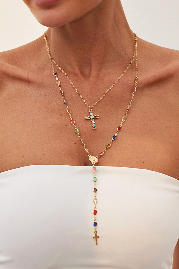 Collar de Varias Capas con Cadena de Cruz y Diamantes