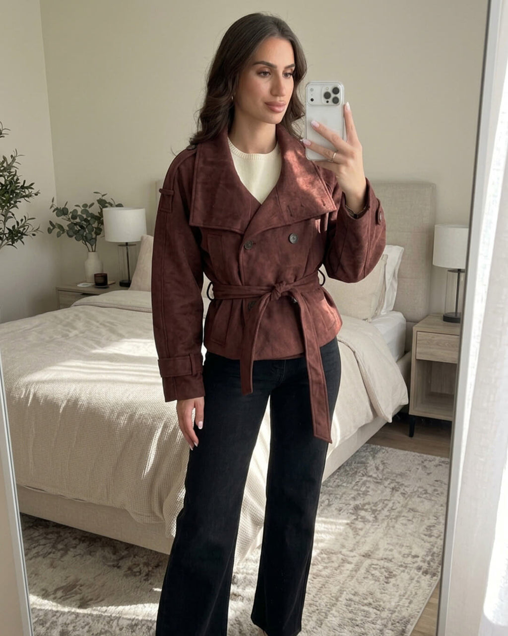 Chaqueta abrochada con cinturón Audrey efecto ante y cuello tipo embudo