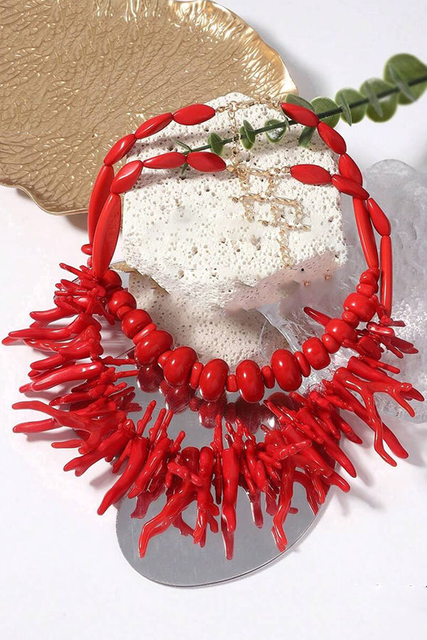 Set de Dos Piezas Collar de Coral Rojo Bohemio