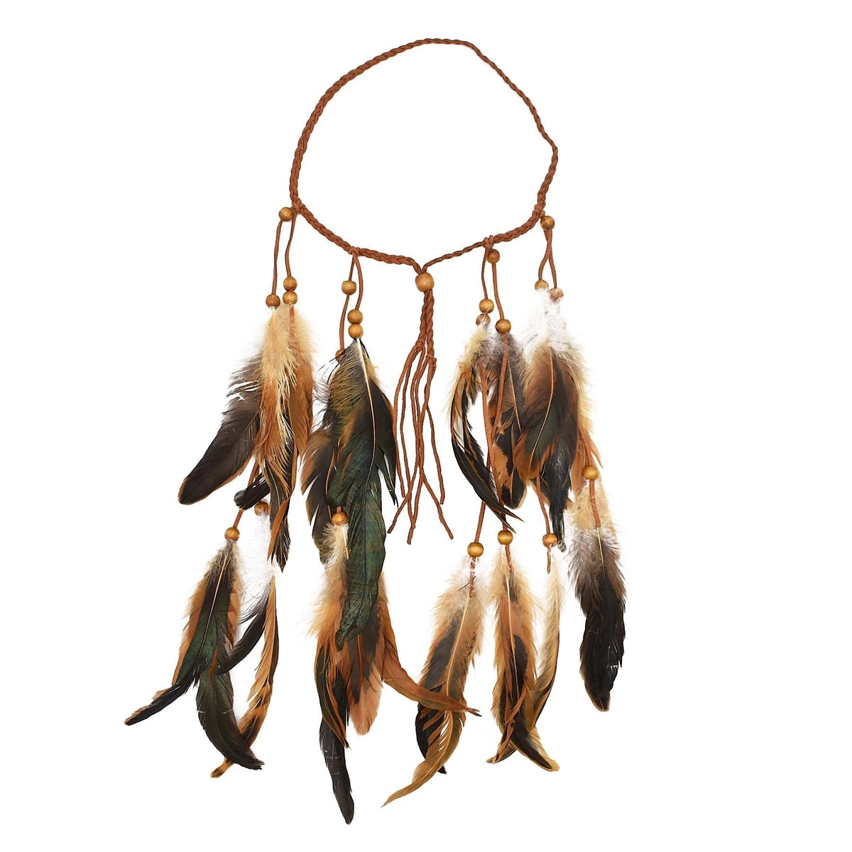 Diadema Bohemia de Cuerda Tejida a Mano con Cuentas de Madera y Plumas