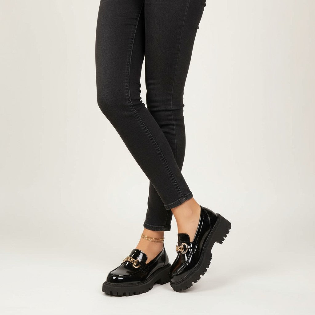 Fany - Mocasín Mujer de Charol Cadena Dorada Elegante Y Suela Gruesa de Tendencia