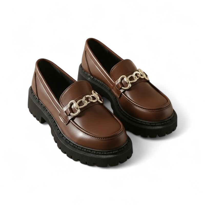 Fany - Mocasín de Cuña para Mujer Mate Cadena Dorada Elegante