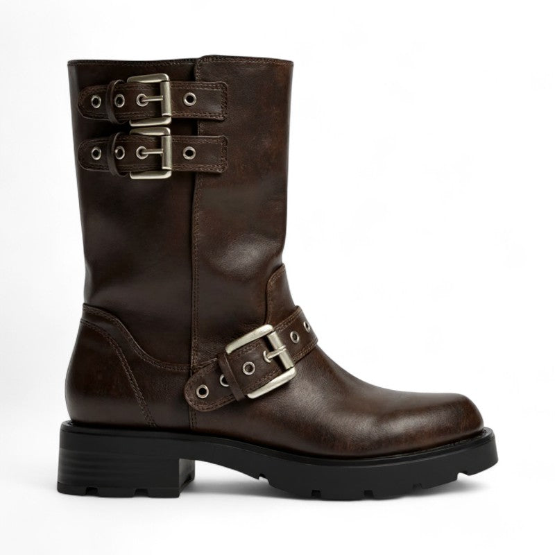 Urys - Botas de Montar Bajas Moteras Mujer Marrón Hebillas Metálicos