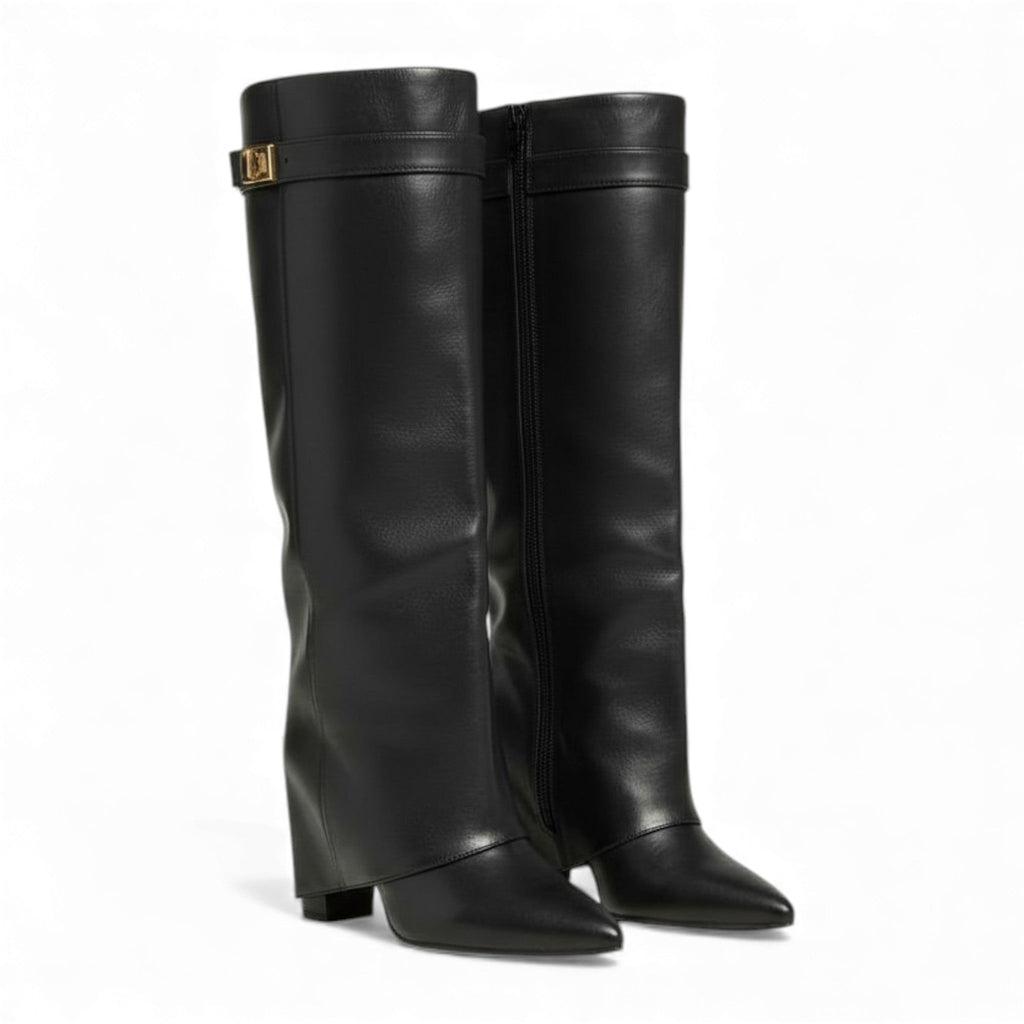 KAEL - Botas Slouch Negras Mujer Piel con Hebilla Dorada