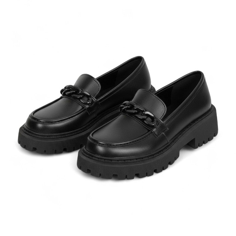 Teresa - Mocasín de Cuña Mujer Mate Negro Cadena