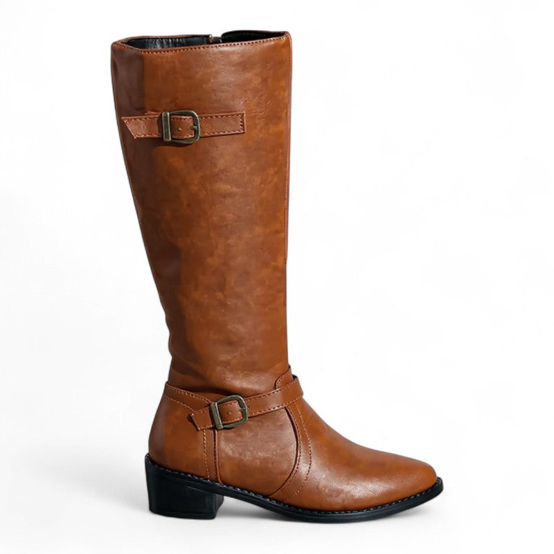 Fanny - Botas de Montar Mujer Hebillas Doradas Y Tacón Bajo Elegante