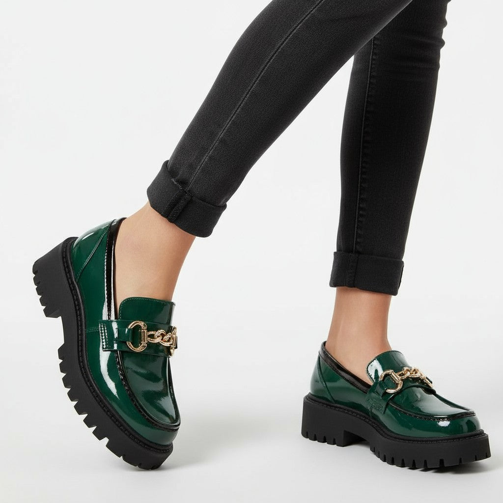 Fany - Mocasín Mujer de Charol Cadena Dorada Elegante Y Suela Gruesa de Tendencia