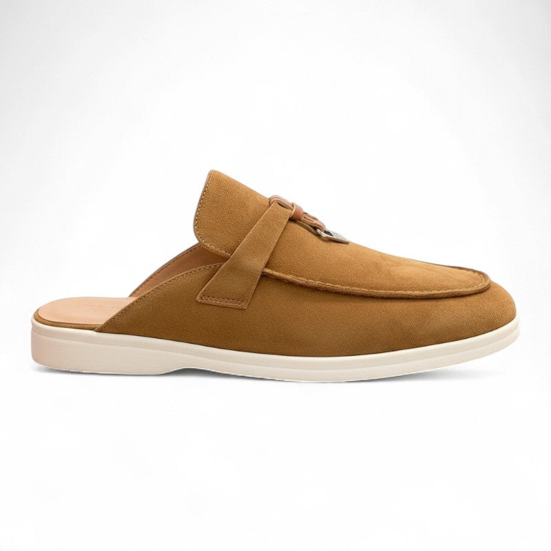 Sofia - Mocasín Mujer Ante Zueco Plana Elegante de Detalle Metálico