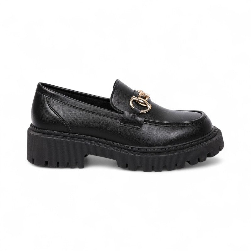Fany - Mocasín de Cuña para Mujer Mate Cadena Dorada Elegante