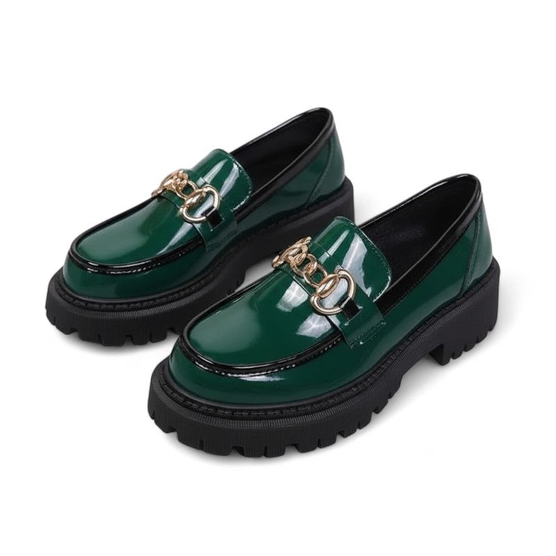 Fany - Mocasín Mujer de Charol Cadena Dorada Elegante Y Suela Gruesa de Tendencia