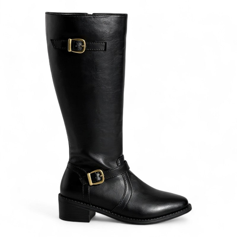 Fanny - Botas de Montar Mujer Hebillas Doradas Y Tacón Bajo Elegante