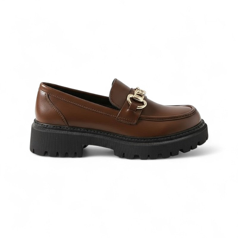 Fany - Mocasín de Cuña para Mujer Mate Cadena Dorada Elegante