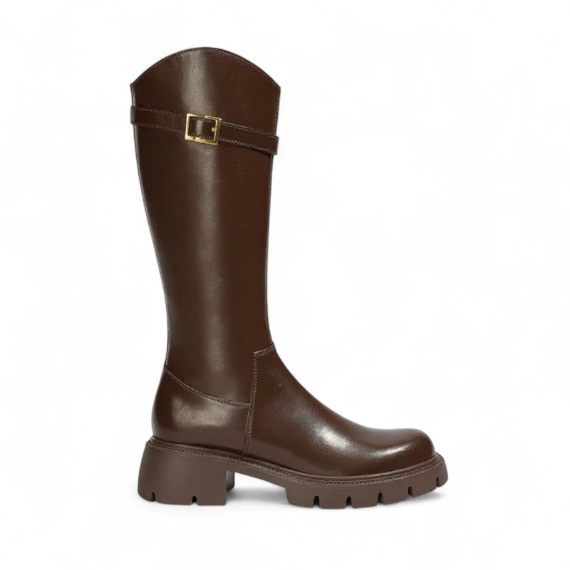 Halyn - Botas de Montar Mujer Tacón Grueso con Hebilla Dorada