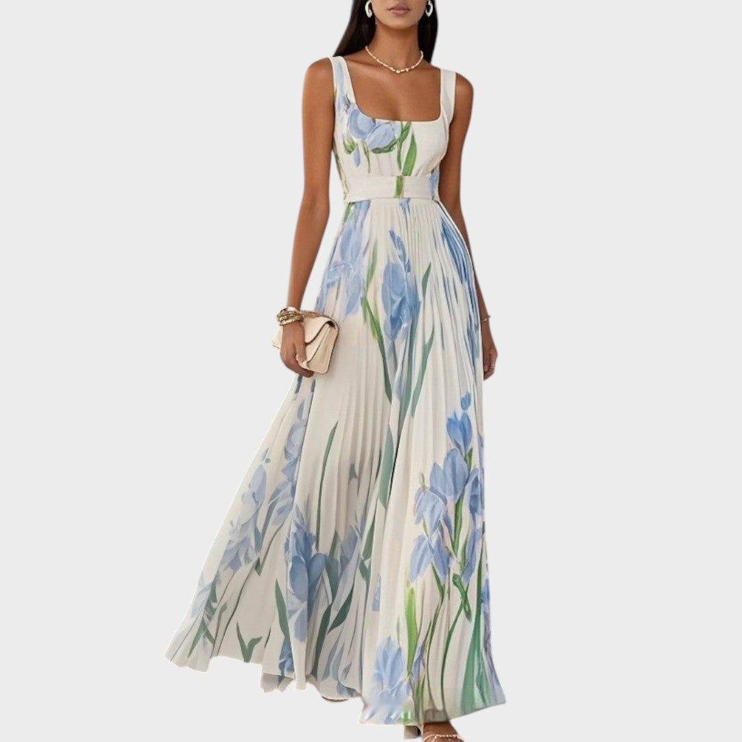 Luxe | Vestido largo plisado con escote cuadrado y flores de gasa - OSMARA Fashion - vista 3