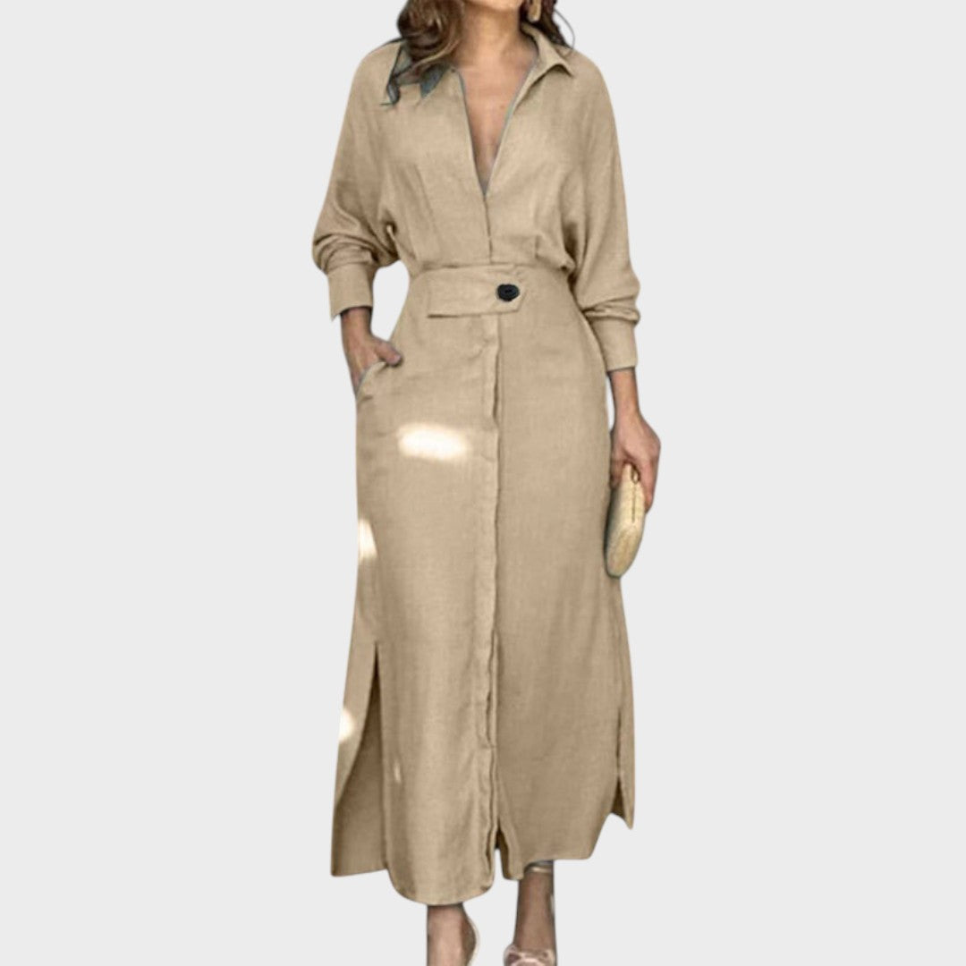 Jeanette | Long Linen Dress With V-Neck