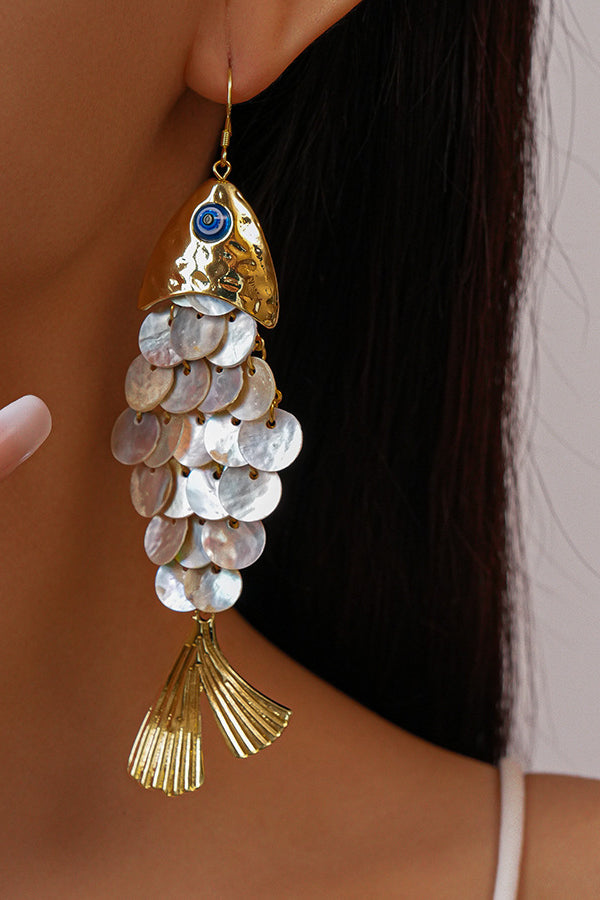 Pendientes de Gancho con Concha en Forma de Pez y Borlas